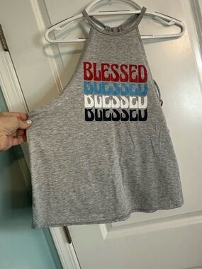 No Boundaries Gray Racerback Tank with Red White and Blue 'BLESSED' Graphic